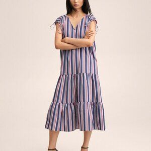 Mango Dress Women's Size 2 Sleeveless Ruffle 100% Cotton Red White Blue Striped‎